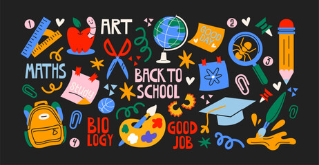 Back to school stickers. Backpacks, school items, stationery, notebooks in retro groovy cartoon style. Retro elements, vector shapes for study, school, university