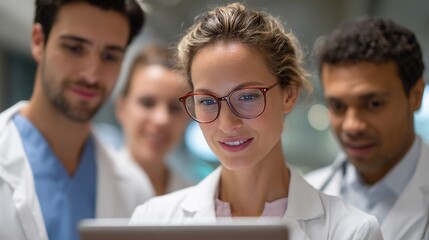 Scientific Collaboration: Focused medical professionals huddle over a digital tablet, immersed in concentrated study, emphasizing collaboration and expertise.