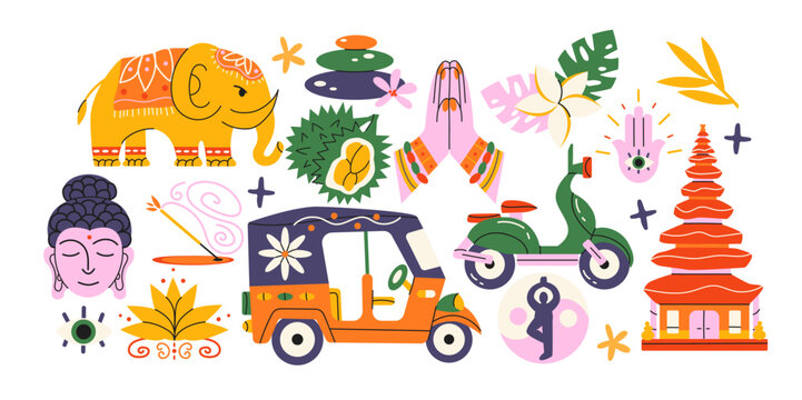 Thailand and Bali travel stickers in retro cartoon style. Culture: Buddhist temple, Buddha face, elephant. Traditions: tropical fruits, lotus flower, yoga and meditation icons. Exotic nature set
