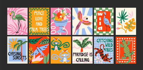 Tropical jungle posters with exotic animals and plants in cartoon style. Wall decor, trendy banners of wildlife, tropical foliage, cocktails, animals. Decor of wallpaper, walls, print and postcard