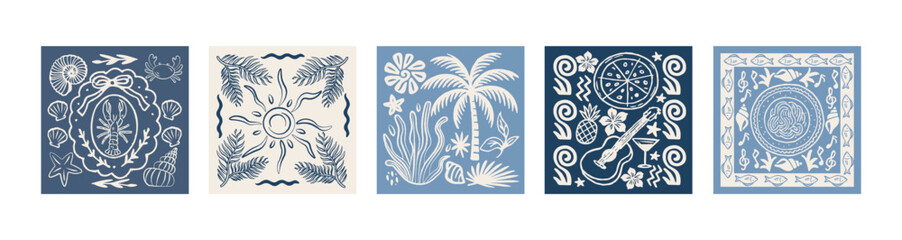 Naklejka premium Mediterranean tile patterns in retro cartoon style. Marine ornaments: seashell, palm, sun, fish, coconut, fruit. Decorative square motifs for wall art and textile print collection