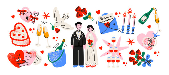 Cartoon wedding stickers. Marriage proposals, wedding decorations, engagement rings, romantic patches, gifts, bouquets and invitation cards. Set of trendy shapes in retro doodle style of the 90s