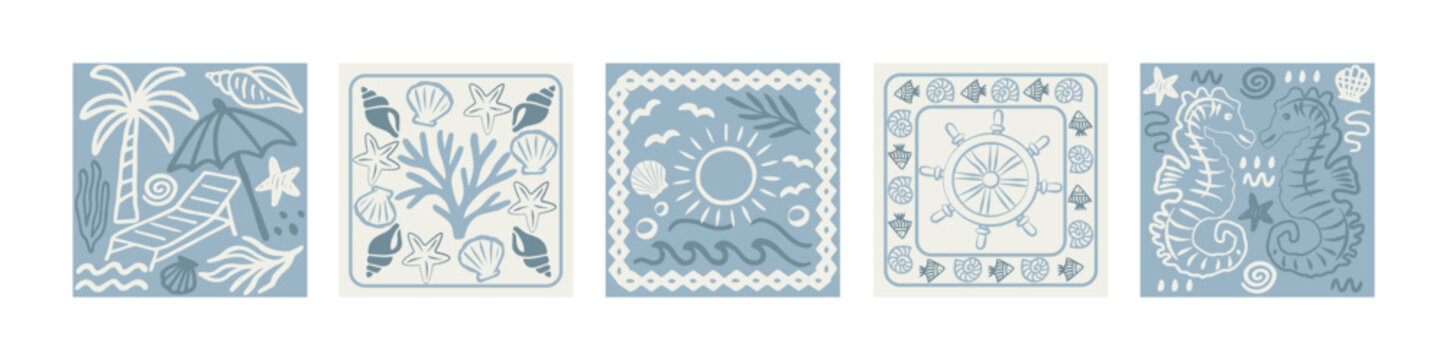 Mediterranean tile patterns in retro cartoon style. Marine ornaments: seashell, palm, sun, fish, coconut, fruit. Decorative square motifs for wall art and textile print collection