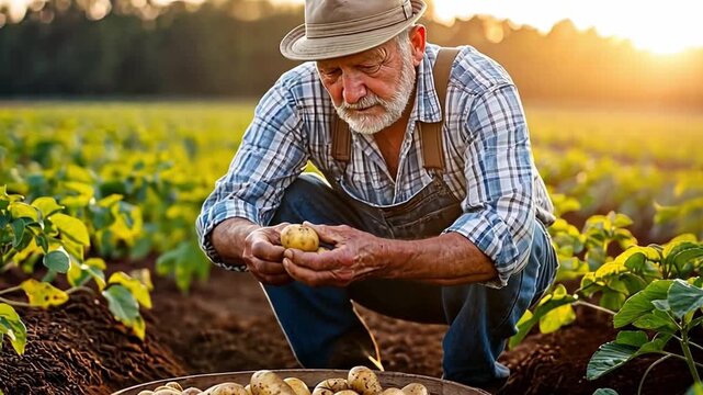 Senior farmer harvesting potatoes and placing them into a basket while enjoying the beautiful sunset over the cultivated field
