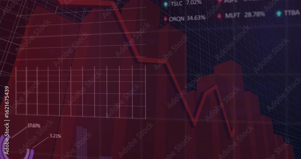 Poster red bars rising starting red line tracing market trends, chart drawing nodes while labels updating