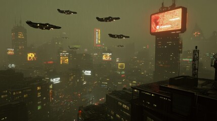 Futuristic city skyline with flying vehicles in a foggy atmosphere.