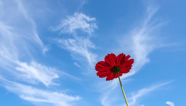 Red cosmos flower against a vibrant blue sky with wispy clouds
