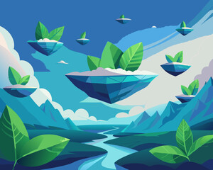 colorful illustration of a surreal herbal landscape with floating mint leaves