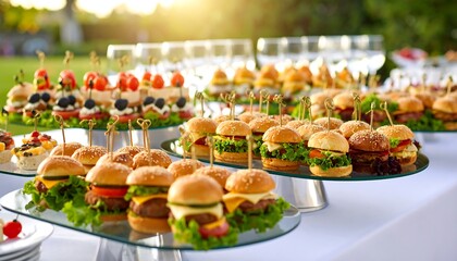 Outdoor buffet with mini burgers and appetizers