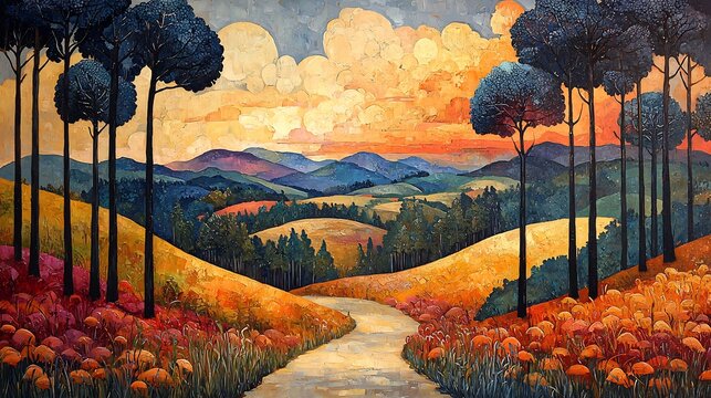A scenic landscape painting of rolling hills with a path and trees under a cloudy sky at sunset