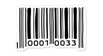 A stylized barcode sticker with black bars and the number 0001 0033 below on a white background