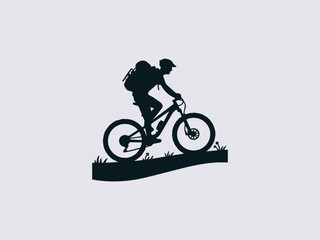 Obraz premium Modern mountain bike vector logo with tire treads and peak silhouette for extreme sports brand identity