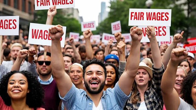People protesting outdoors, raising fists and holding signs, demanding fair wages and fighting for workers' rights