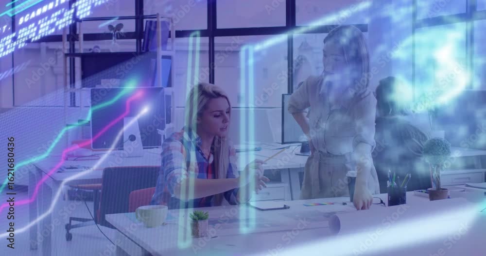 Poster seated designer pointing prints and colleague highlighting layout with 3d charts during review