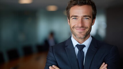 Fototapeta premium Confident Businessman: A handsome, well-groomed businessman in a sharp suit exudes confidence. His warm smile and composed demeanor radiate success and professionalism.