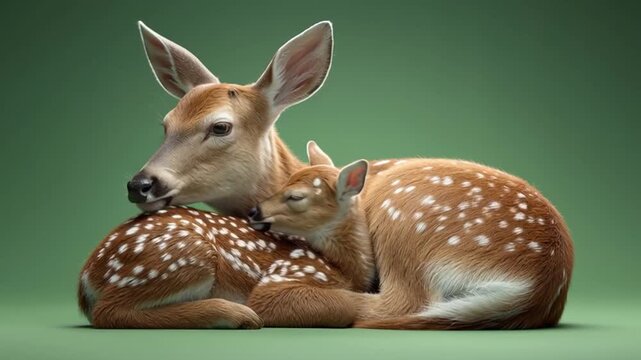 A mother deer and her fawn curled up together on a green background looking at the camera view green screen animal video