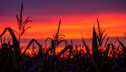 Cornfield at sunset with orange, red and purple