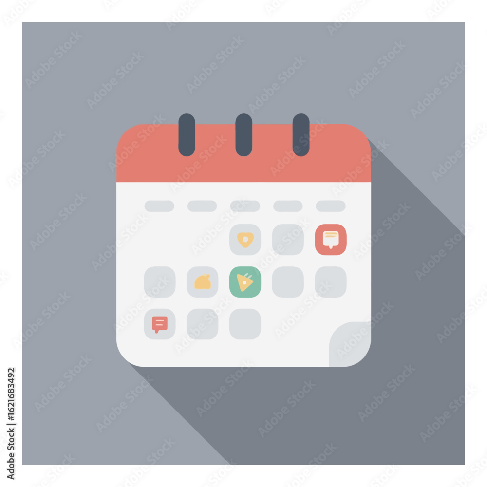 Poster clean flat design illustration of a calendar icon with marked dates and event symbols, depicting a d