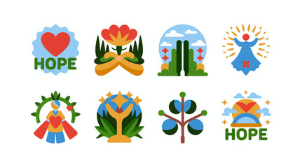 Obraz premium Collection of diverse flat design vector illustrations symbolizing hope, growth, and positive human emotions and concepts