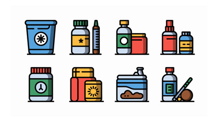 Colorful Vector Illustration of Various Medicine and Supplement Bottles with Unique Labels and Shapes on a White Background