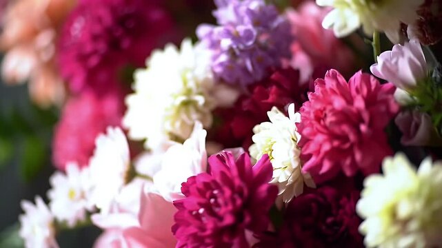 Close Up Floral Display with White Dahlias Pink Roses and Purple Statice A Gentle Romantic Arrangement in Soft Lighting Perfect for Wedding Designs and Celebrations Featuring Blooming Flowers and
