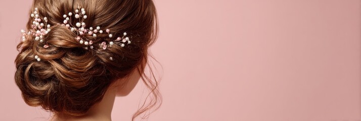 Elegant Bridal Hairstyle With Pearls Against a Soft Pastel Background Ideal for Weddings or Special Occasions