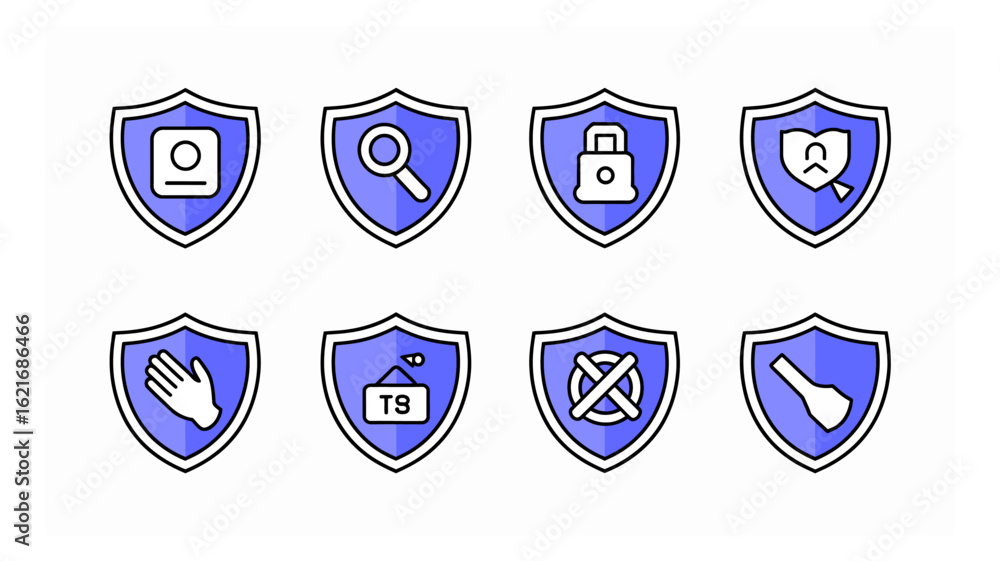 Poster eight distinct shield icons illustrating various concepts of online security, data protection, and d