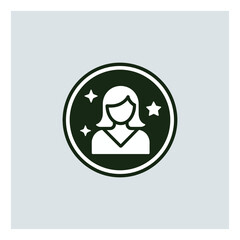 Fototapeta premium Elegant vector icon featuring a female profile surrounded by sparkling stars within a circle, symbolizing top quality and excellence.