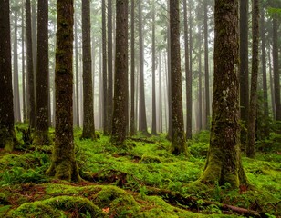 Fototapeta premium Immerse yourself in the tranquility of a lush, moss-covered forest. Tall trees reach for the sky, creating a serene and mystical natural landscape perfect for evoking peace and growth.