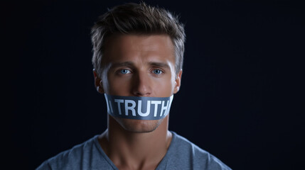 Sad man with duct tape labeled truth covering his mouth representing censorship suppression of speech and emotional repression.