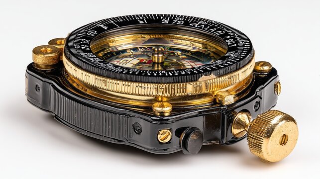 Detailed shot of a black and gold compass, a navigating tool for outdoor adventures