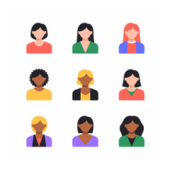 Modern flat design vector illustrations showcasing a diverse group of women's user avatars and profiles.