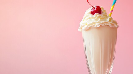 Creamy milkshake topped with whipped cream and a cherry.