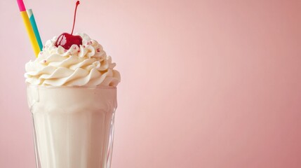 A milkshake topped with whipped cream and a cherry.
