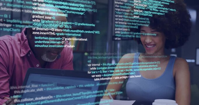 Senior mentor reviewing scrolling JavaScript code while junior developer writing notes smiling
