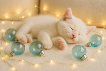 Small white fluffy kitchen with pink paws and nose is sleeping on a white sofa surrounded by turquoise transparent christmas balls and warm christmas lights chain