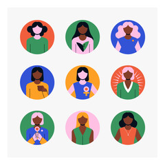 Stylized portraits of diverse women in a flat design illustration set promoting female empowerment and equality