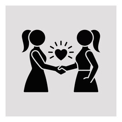 Two female stick figures shake hands, symbolizing a heartfelt connection, partnership, and agreement with a glowing heart in between them.