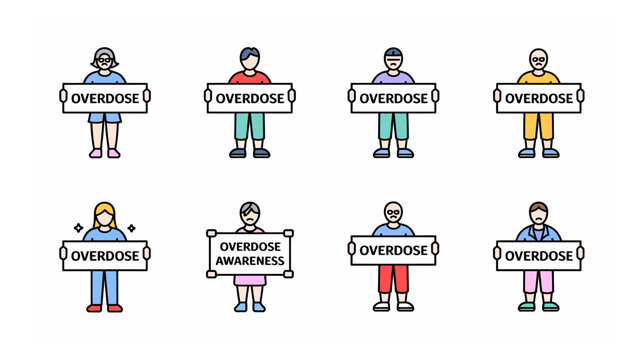 Vector illustration of diverse individuals holding 'OVERDOSE' and 'OVERDOSE AWARENESS' signs, emphasizing the critical need for public health awareness.