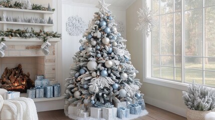 Cozy Christmas tree in a light-filled home with a fireplace, gifts, and snowy decor