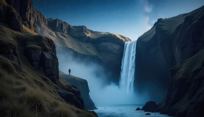 A lone figure contemplates a majestic waterfall cascading between rocky cliffs at dusk under a starry sky