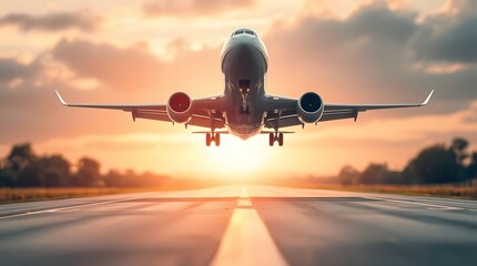 Fototapeta premium Airplane ascending into a golden sunset, wheels down, runway perspective