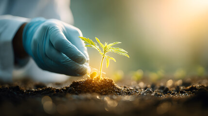 Researcher's hand in a glove carefully planting a young seedling in rich soil, symbolizing a new idea in biotechnology and agriculture.