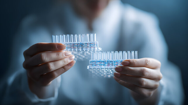 Closeup of a scientist's hands holding DNA microarray slides for a genetic sequencing experiment in a biotechnology laboratory.