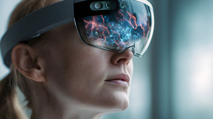 Female scientist wearing futuristic augmented reality glasses to visualize complex neural network data.