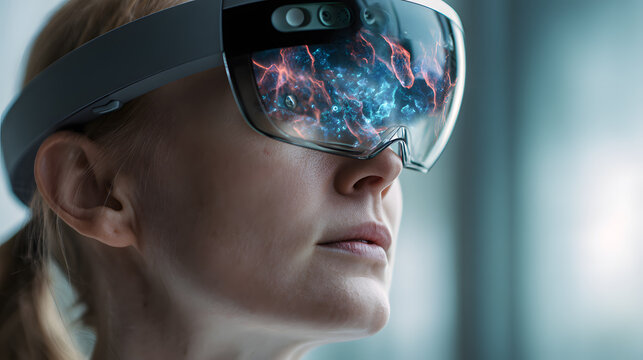 Female scientist wearing futuristic augmented reality glasses to visualize complex neural network data.