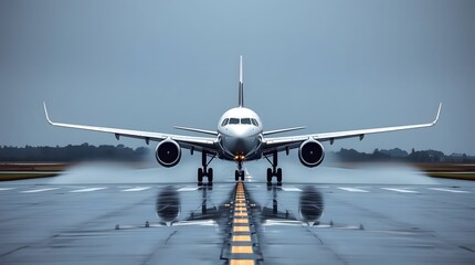Naklejka premium Commercial airplane on a wet runway, reflecting lights on a rainy day