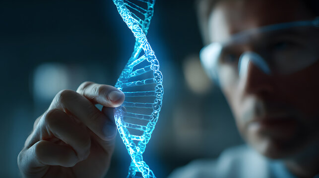 Scientist in a lab analyzing a glowing blue digital DNA double helix for genetic research and biotechnology innovation.