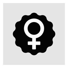 White female gender symbol icon centered on a black wavy badge, representing women's identity and empowerment.