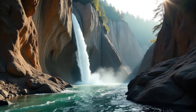 A majestic waterfall cascading into a river surrounded by towering cliffs and lush green trees - Powered by Adobe